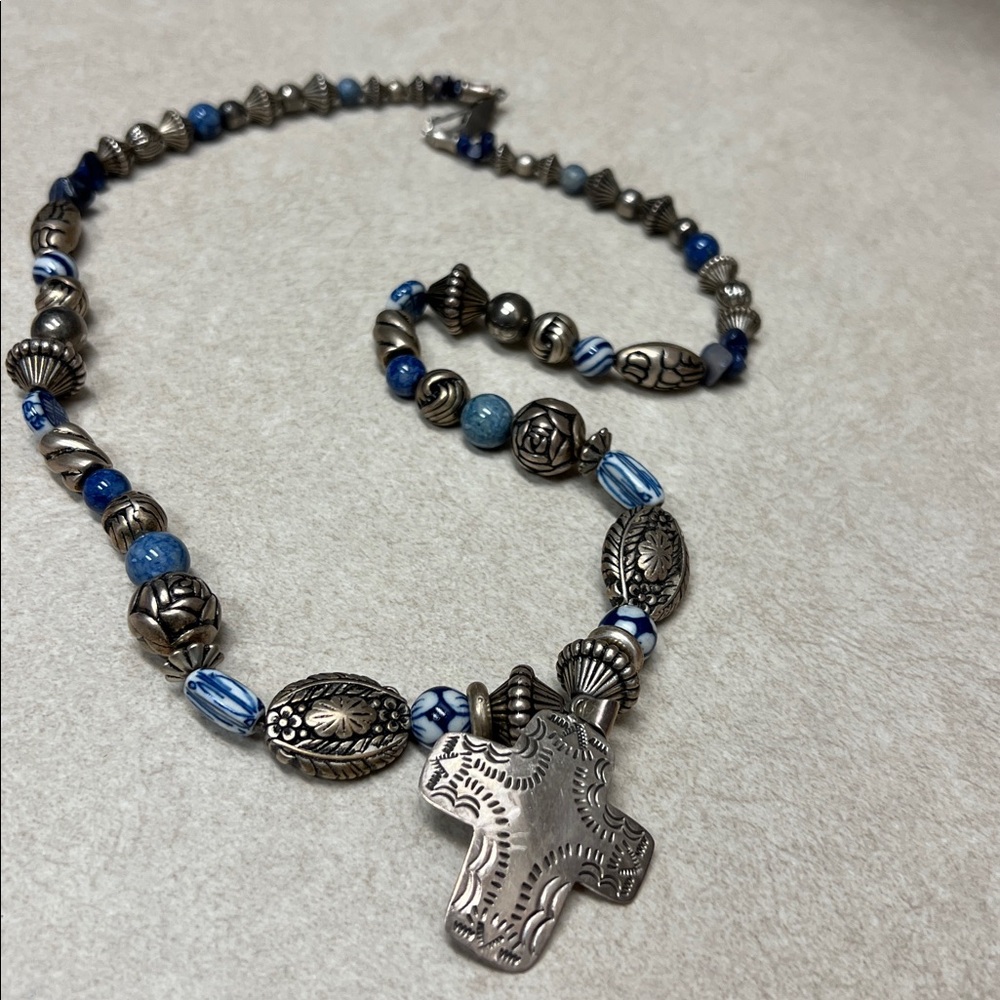 Silver Cross Pendant with Beaded Chain - Picture 3 of 5